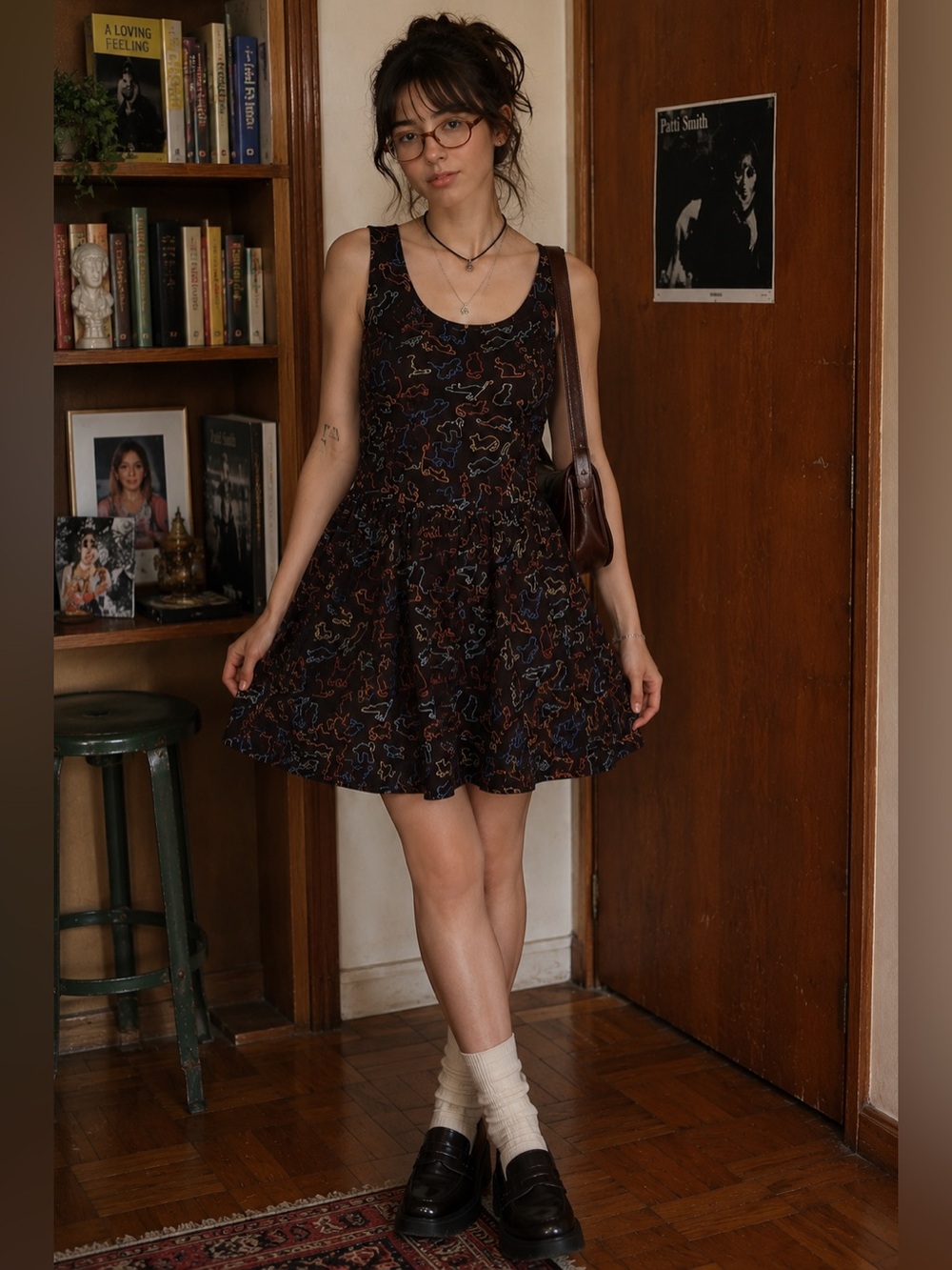 Modcloth Black Sleeveless A-Line Dress with Cat Outline Print Pockets Size Small